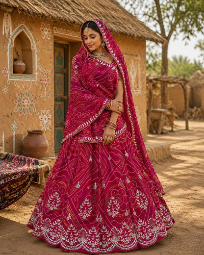 New pure Georgette Bandhej With Cutdana Gotapatti work Jaipuri Lehenga BY PCD