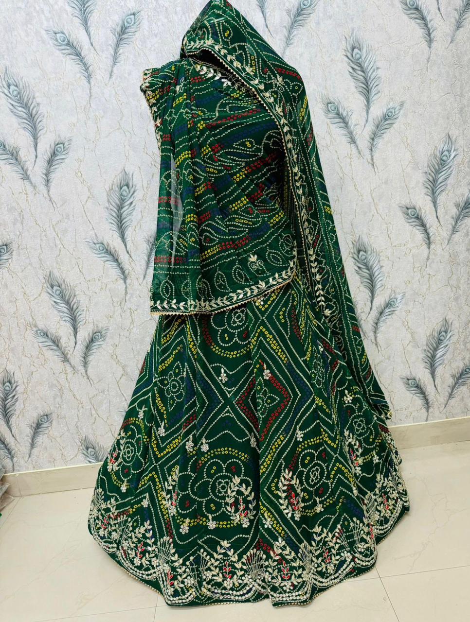 New pure Georgette Bandhej With Cutdana Gotapatti work Jaipuri Lehenga BY PCD