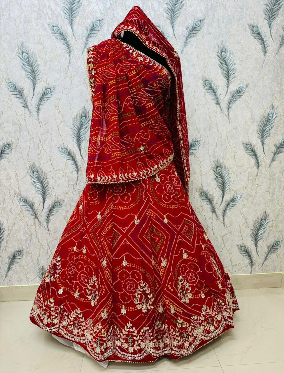 New pure Georgette Bandhej With Cutdana Gotapatti work Jaipuri Lehenga BY PCD