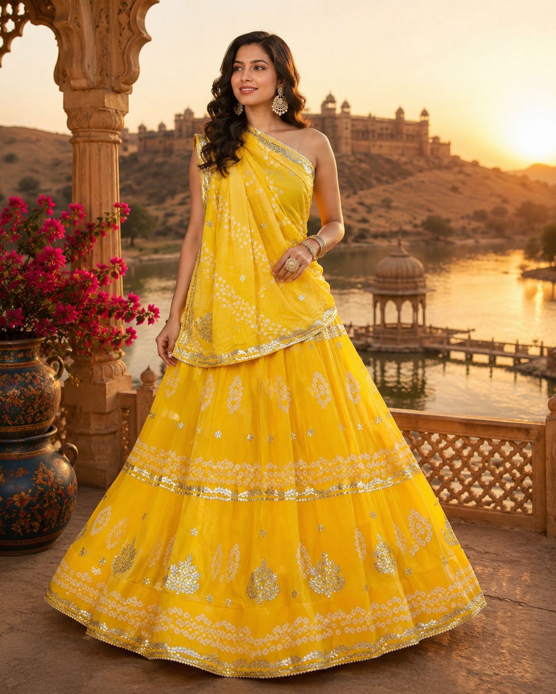 New Chinon Double Shade Bandhani Gota patti work Lehenga by pcd