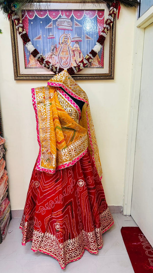 Pure Kota Doria Bandhej Gottapatti Lehenga by pcd