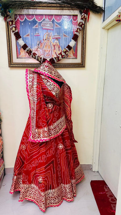 Pure Kota Doria Bandhej Gottapatti Lehenga by pcd