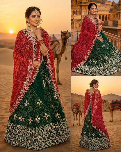 Royal Festive Wear Georgette Bandhani Lehenga by pcd green red