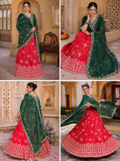 Royal Festive Wear Georgette Bandhani Lehenga by pcd  red green