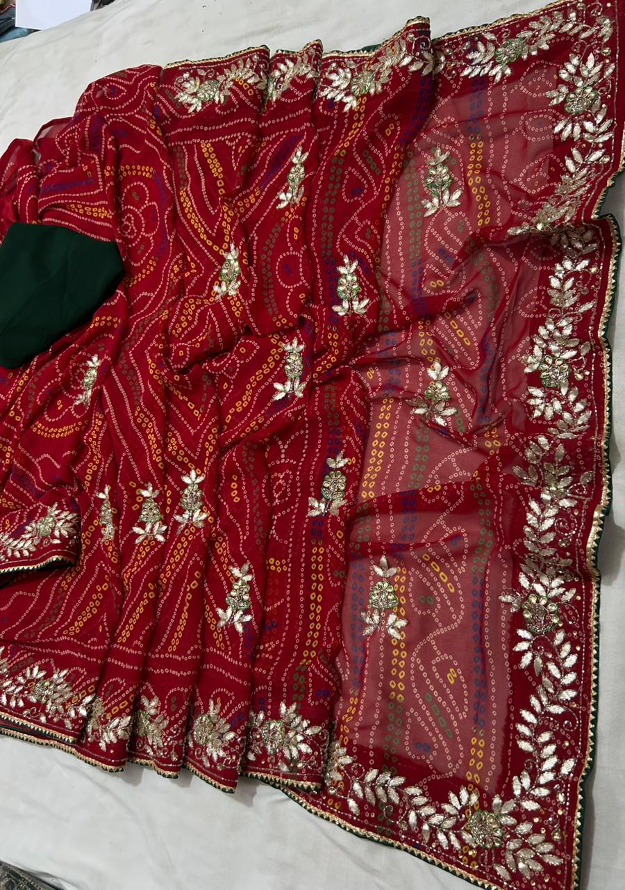 New Beautiful Georgette Bandhani Style With Gotapatti Work Saree by pcd