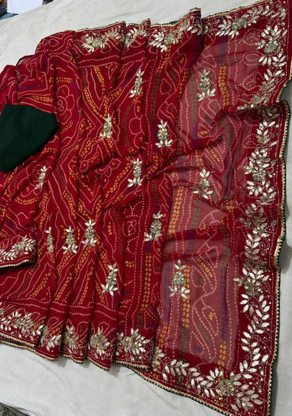 New Beautiful Georgette Bandhani Style With Gotapatti Work Saree by pcd
