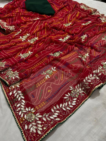 New Beautiful Georgette Bandhani Style With Gotapatti Work Saree by pcd