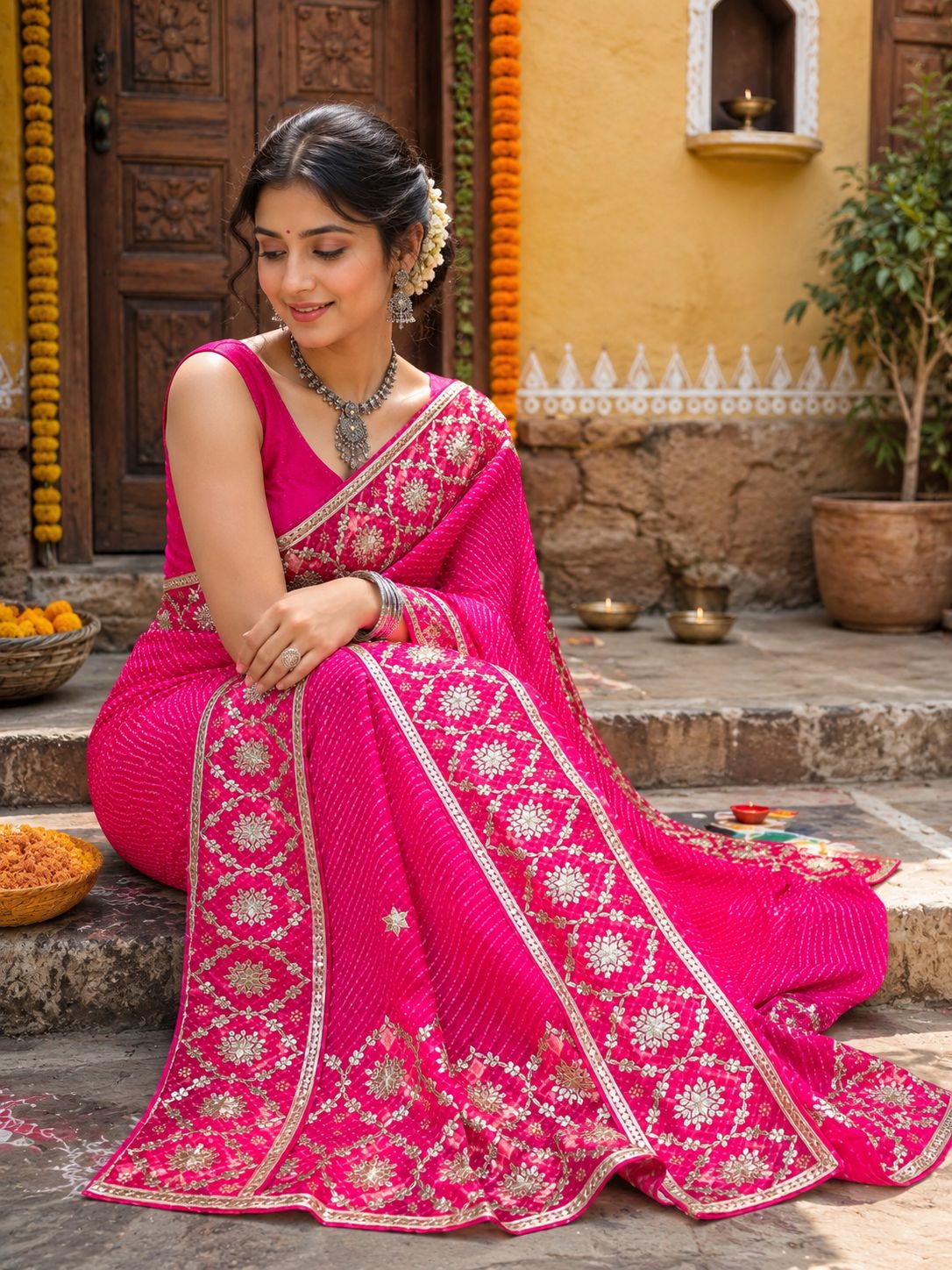 Special New One Rajasthani Leheriya With Gota Patti Handwork Mothra Saree