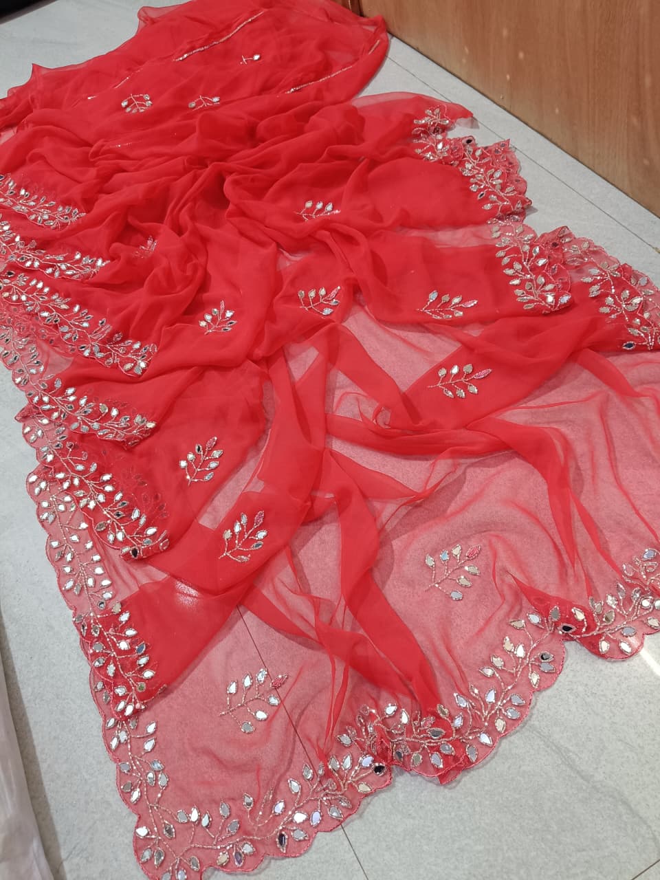 New Royal georgette hand mirror work saree by pcd