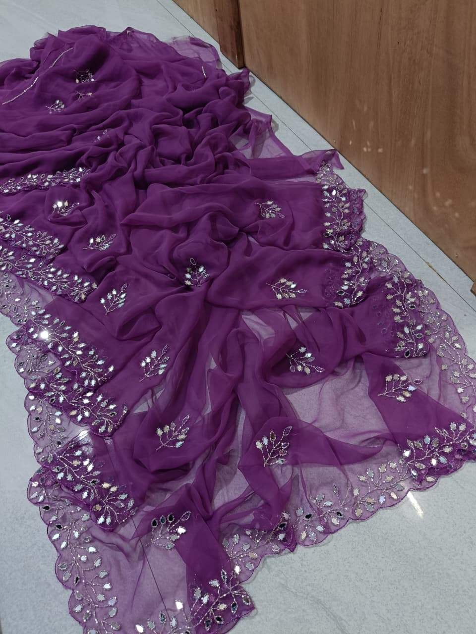 New Royal georgette hand mirror work saree by pcd