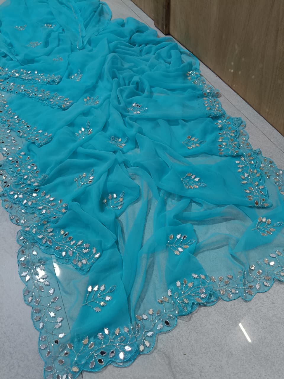 New Royal georgette hand mirror work saree by pcd
