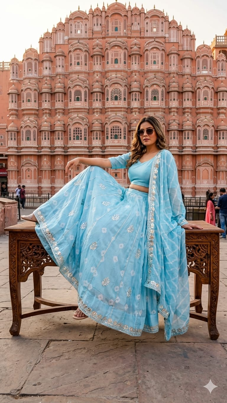 New Traditional Chinon Silk Bandhani Lehenga with Lahriya Rich Gota Patti Details