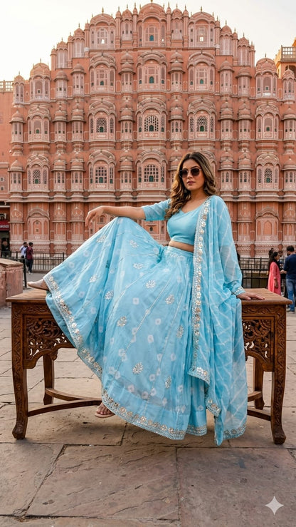 New Traditional Chinon Silk Bandhani Lehenga with Lahriya Rich Gota Patti Details