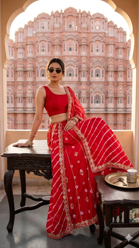 New Traditional Chinon Silk Bandhani Lehenga with Lahriya Rich Gota Patti Details