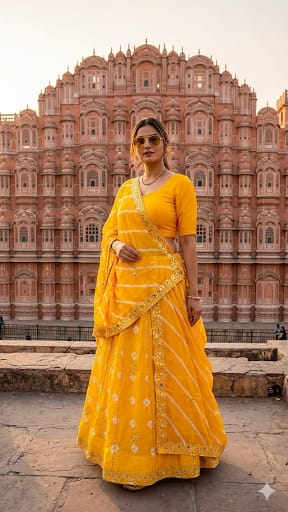 New Traditional Chinon Silk Bandhani Lehenga with Lahriya Rich Gota Patti Details