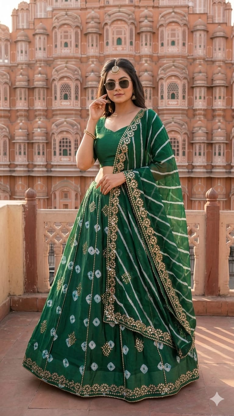 New Traditional Chinon Silk Bandhani Lehenga with Lahriya Rich Gota Patti Details