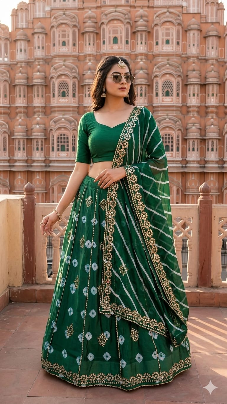 New Traditional Chinon Silk Bandhani Lehenga with Lahriya Rich Gota Patti Details