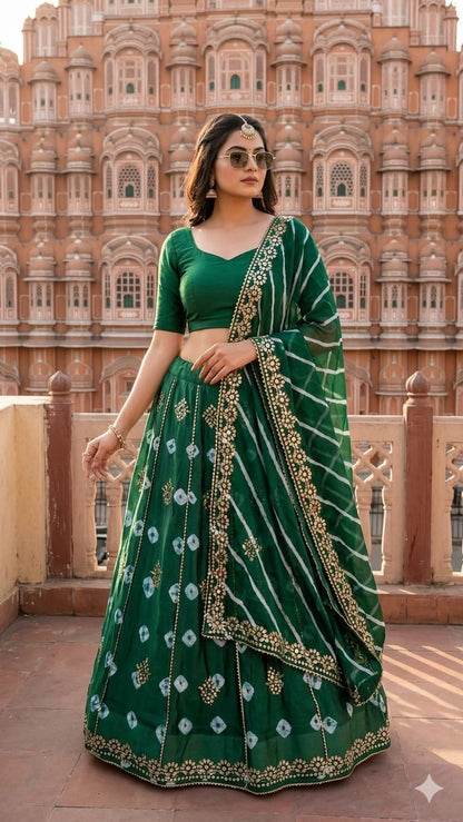 New Traditional Chinon Silk Bandhani Lehenga with Lahriya Rich Gota Patti Details