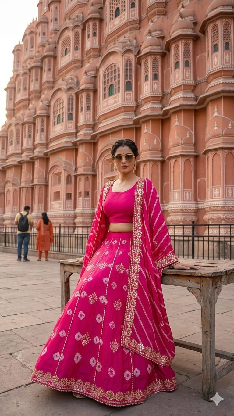 New Traditional Chinon Silk Bandhani Lehenga with Lahriya Rich Gota Patti Details