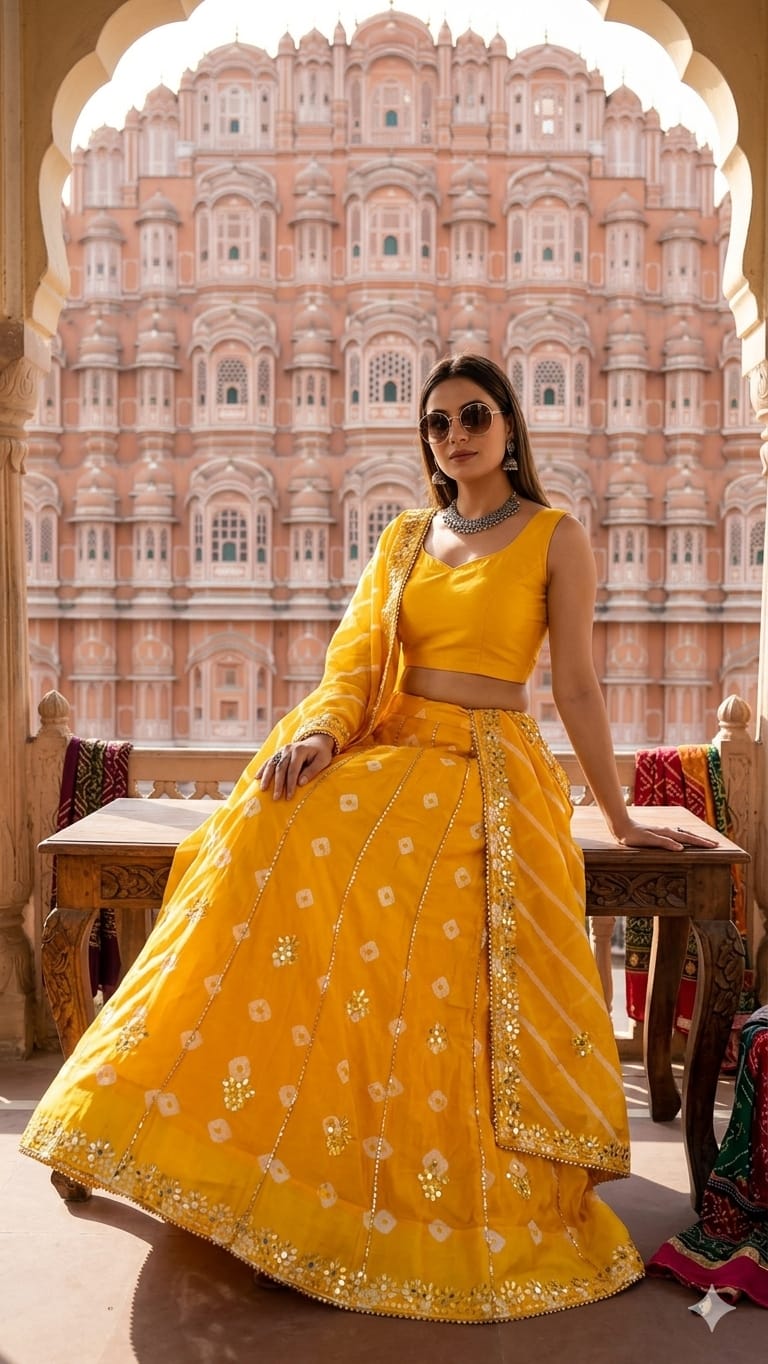 New Traditional Chinon Silk Bandhani Lehenga with Lahriya Rich Gota Patti Details