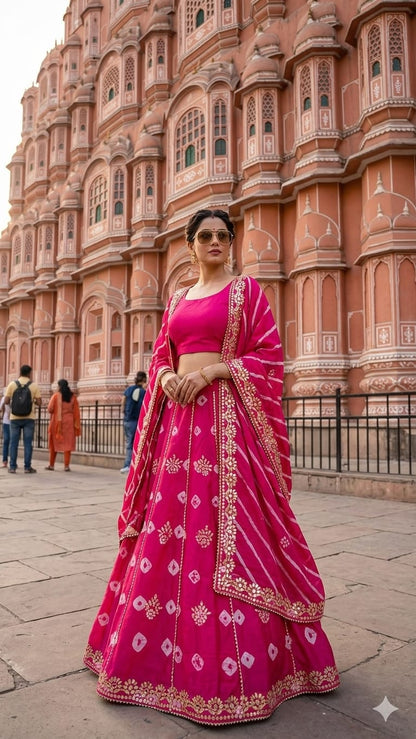 New Traditional Chinon Silk Bandhani Lehenga with Lahriya Rich Gota Patti Details