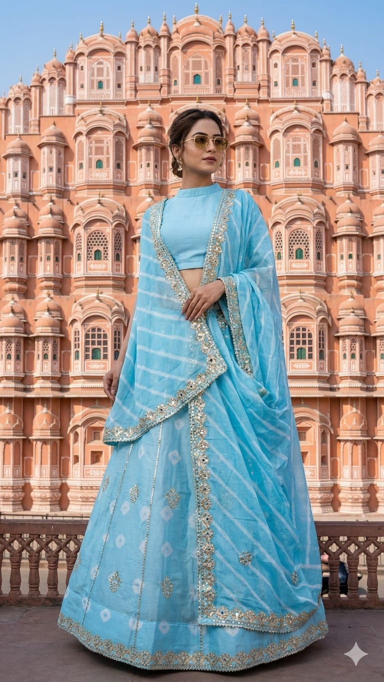 New Traditional Chinon Silk Bandhani Lehenga with Lahriya Rich Gota Patti Details
