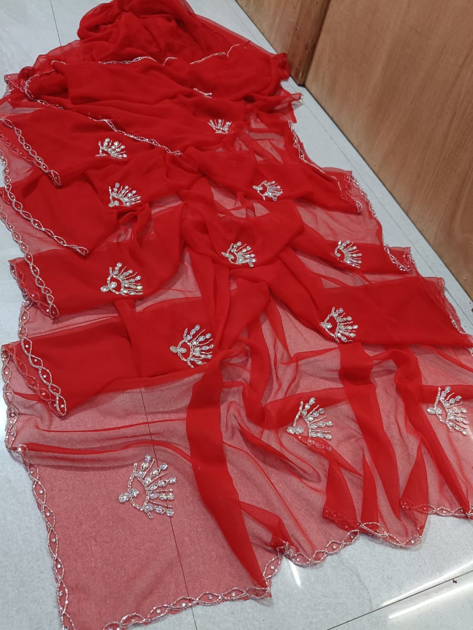 New Designer Georgette Saree with Classic Hand work by pcd