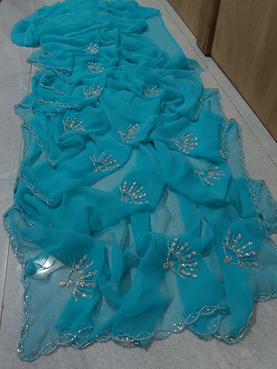 New Designer Georgette Saree with Classic Hand work by pcd