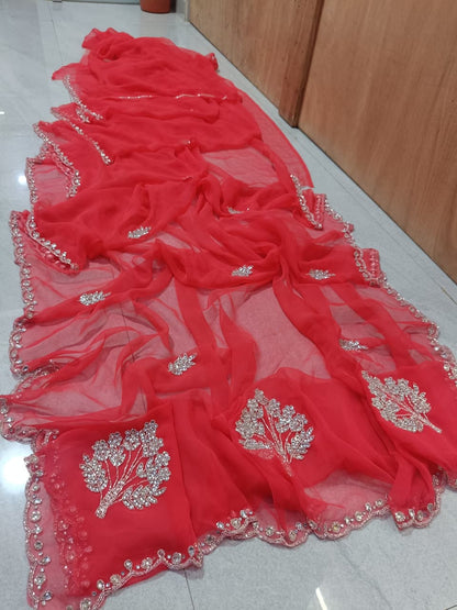 New Elegant Pure Georgette Saree with Handcrafted Tublight work by pcd
