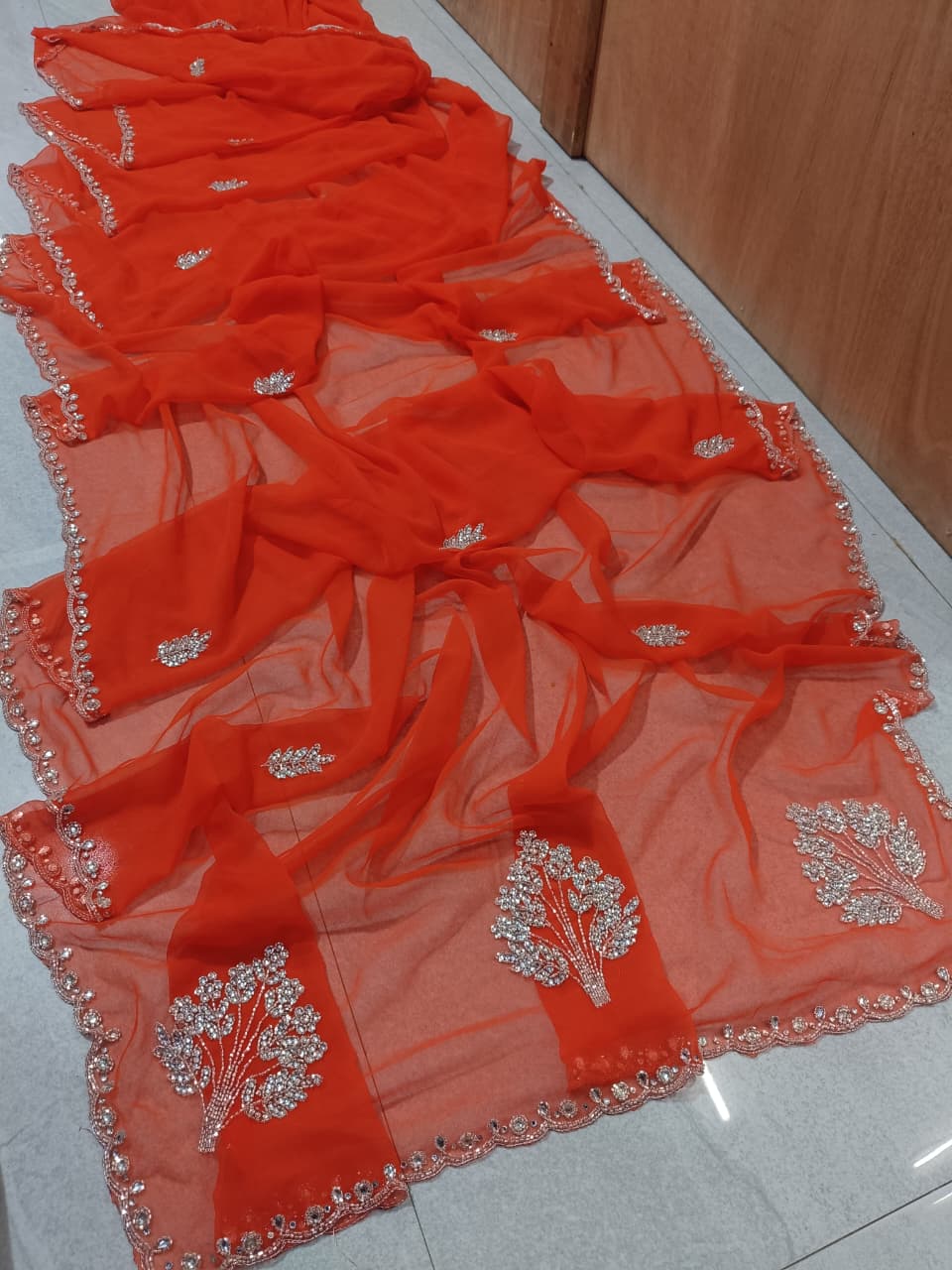 New Elegant Pure Georgette Saree with Handcrafted Tublight work by pcd