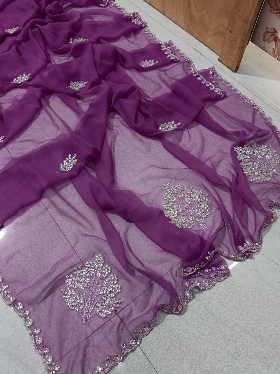 New Elegant Pure Georgette Saree with Handcrafted Tublight work by pcd