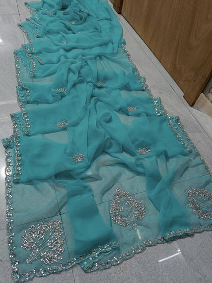 New Elegant Pure Georgette Saree with Handcrafted Tublight work by pcd