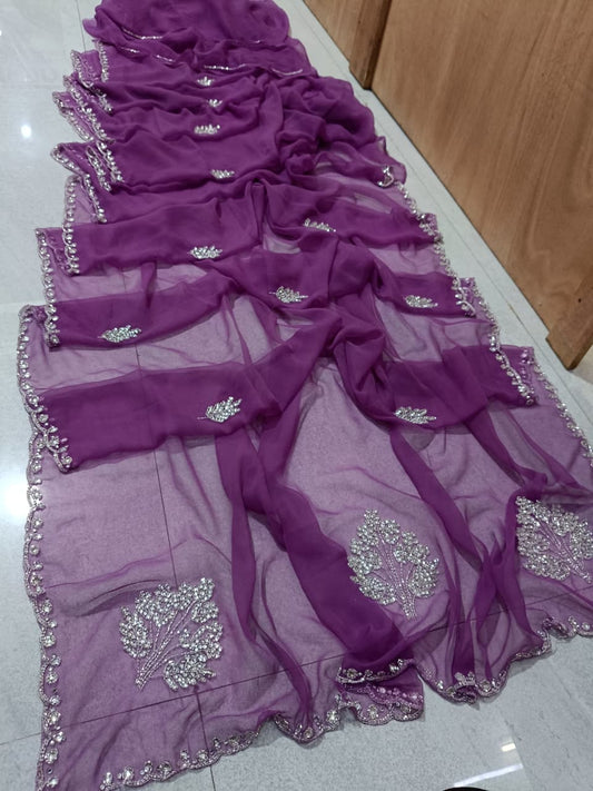 New Elegant Pure Georgette Saree with Handcrafted Tublight work by pcd