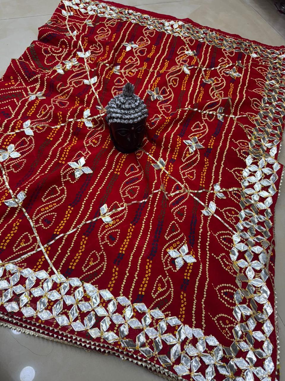 Royal Bandhani Georgette Saree With gota hand work by pcd
