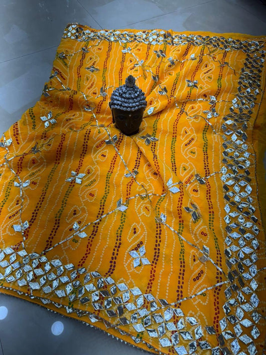 Royal Bandhani Georgette Saree With gota hand work by pcd