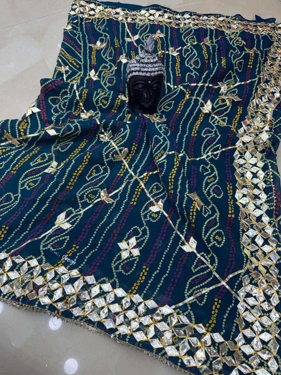 Royal Bandhani Georgette Saree With gota hand work by pcd