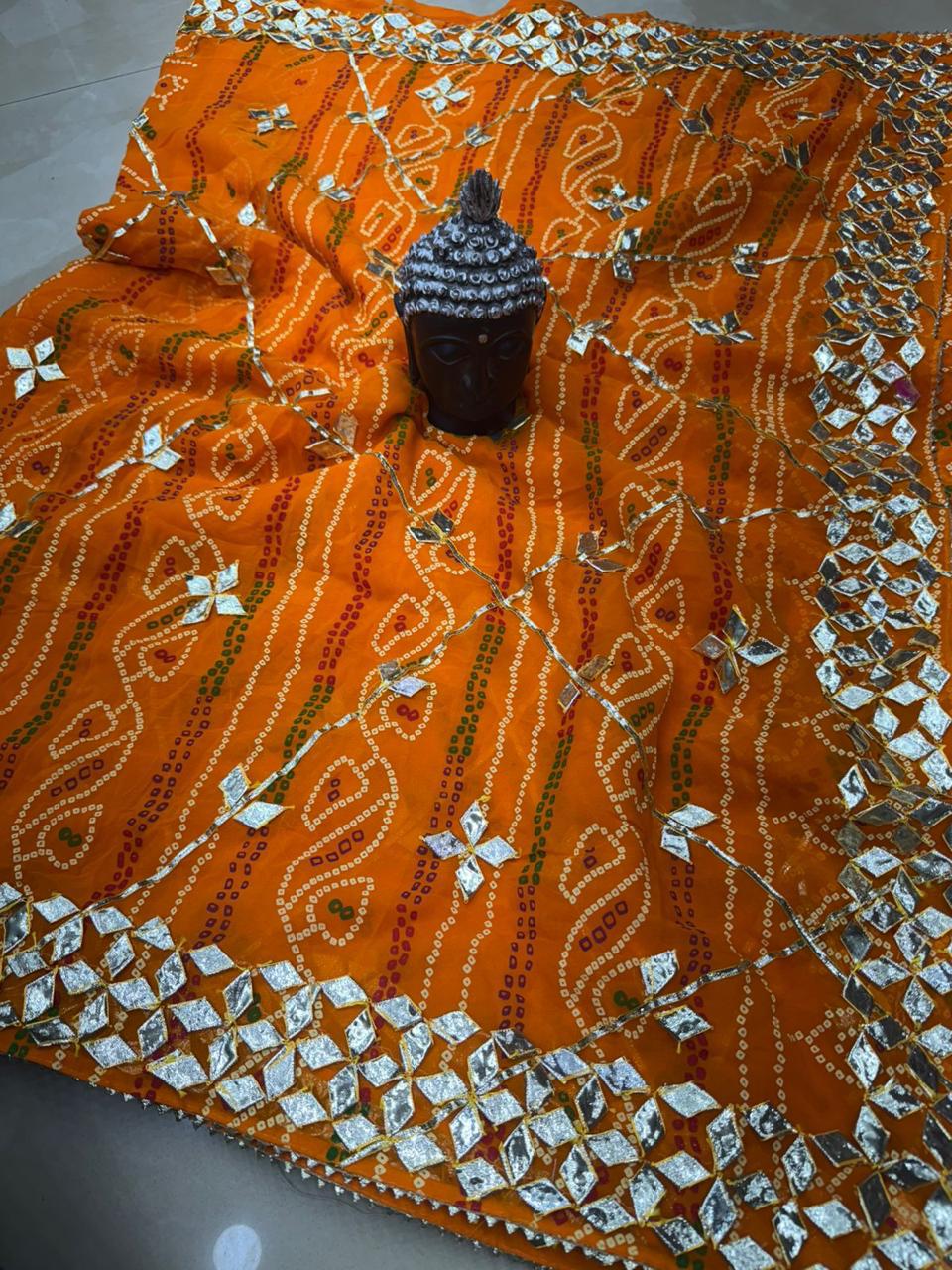 Royal Bandhani Georgette Saree With gota hand work by pcd