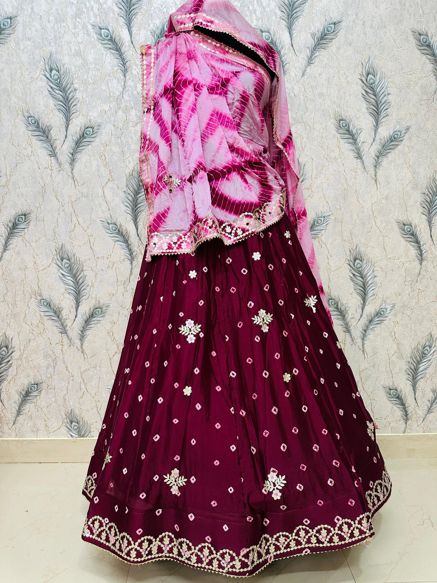 New Chinon Silk Bandhani Style Lehenga with Gotapatti Work by pcd