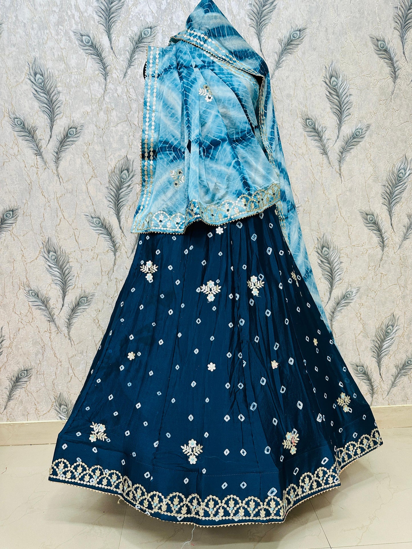 New Chinon Silk Bandhani Style Lehenga with Gotapatti Work by pcd