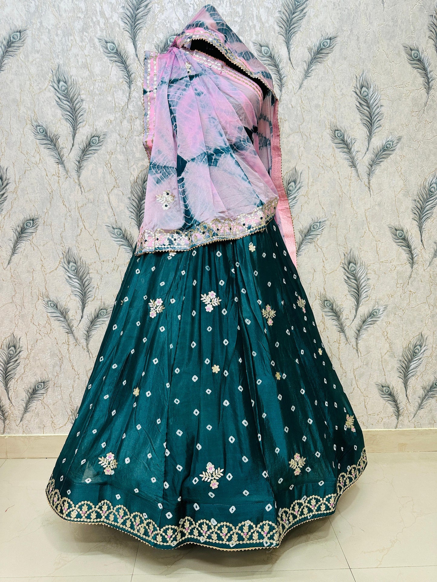 New Chinon Silk Bandhani Style Lehenga with Gotapatti Work by pcd