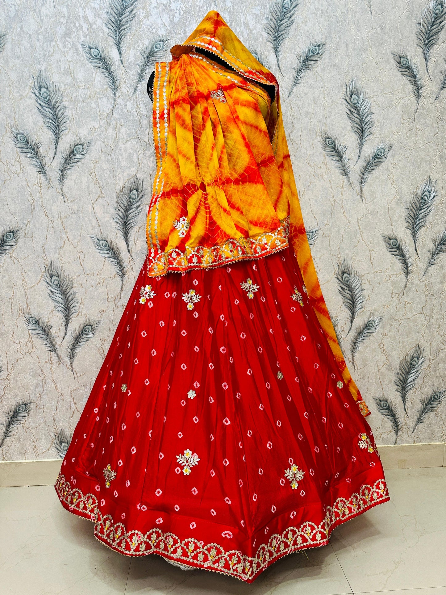 New Chinon Silk Bandhani Style Lehenga with Gotapatti Work by pcd