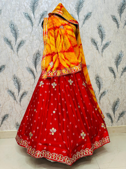New Chinon Silk Bandhani Style Lehenga with Gotapatti Work by pcd