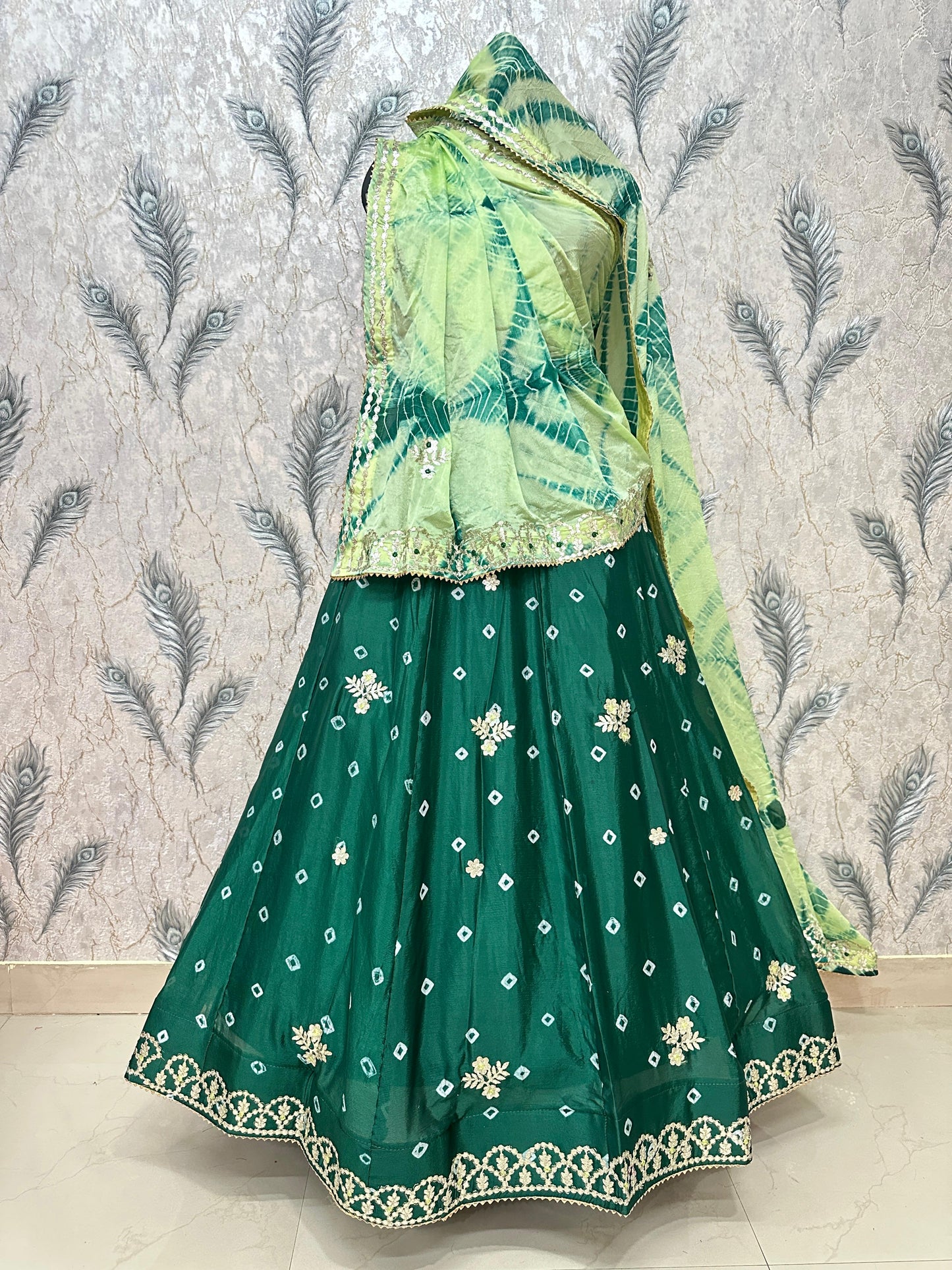 New Chinon Silk Bandhani Style Lehenga with Gotapatti Work by pcd