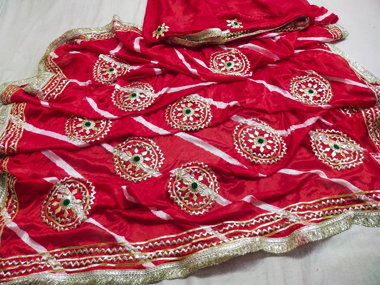 Latest Jaipuri Traditional Chinon Leheriya Bandhani  Gota Patti Saree by pcd