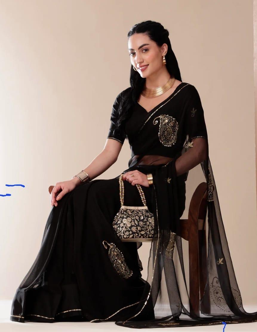 NEW DESIGNER SAREE SEMI CIFFONE  WITH THRED WORK BY PCD