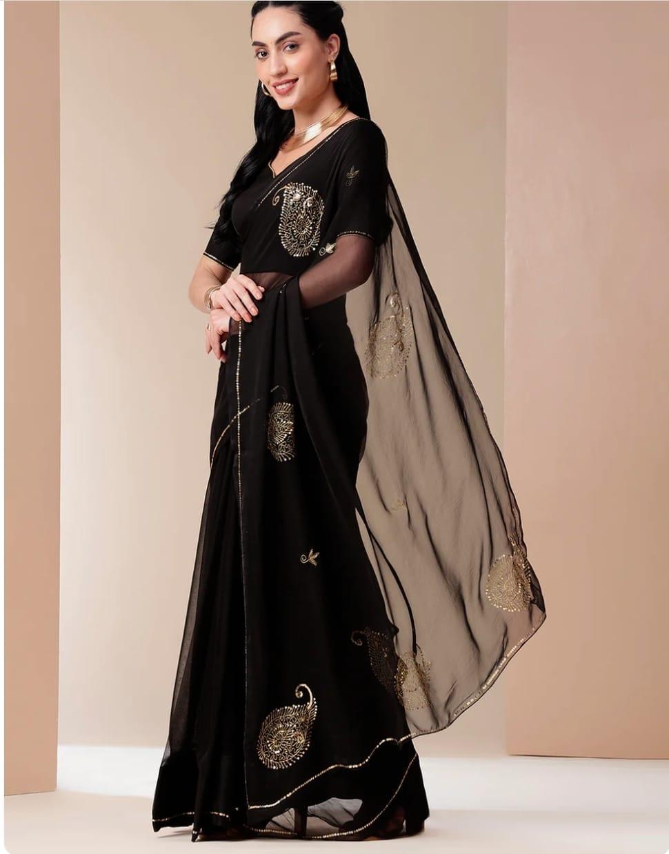 NEW DESIGNER SAREE SEMI CIFFONE  WITH THRED WORK BY PCD