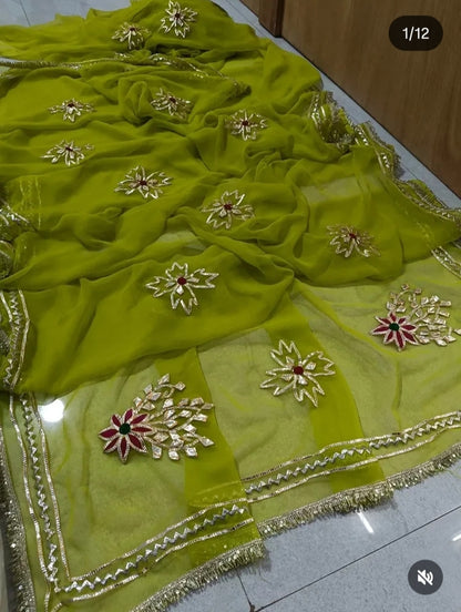 PCD  New Premium Pure Georgette Festive Saree with Traditional Gota Patti Work L buta