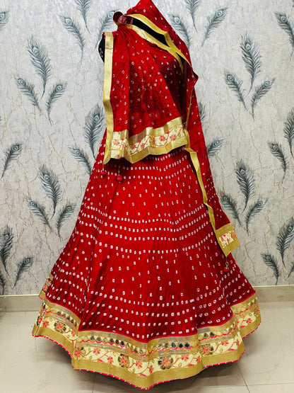 PCD Orignal Hand Bandhej Tapeta Silk Lehenga