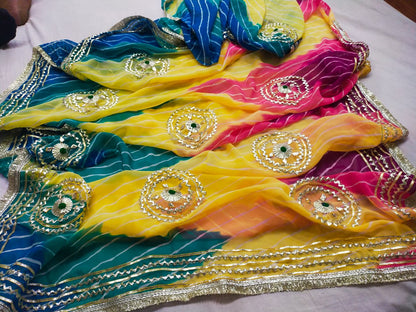 PCD New Launch Georgette Multicolour Jaipuri Gotapatti Leheriya Saree SA.