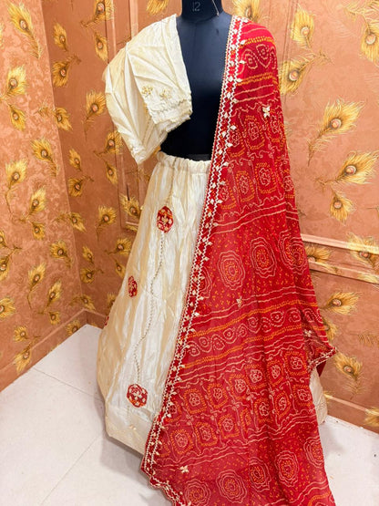 PCD New Upada Silk Bandhani Style With Gotapatti Work Lehenga